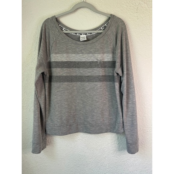 PINK Victoria's Secret‎ Gray Long Sleeve Top Striped Cropped Pullover - Picture 1 of 4